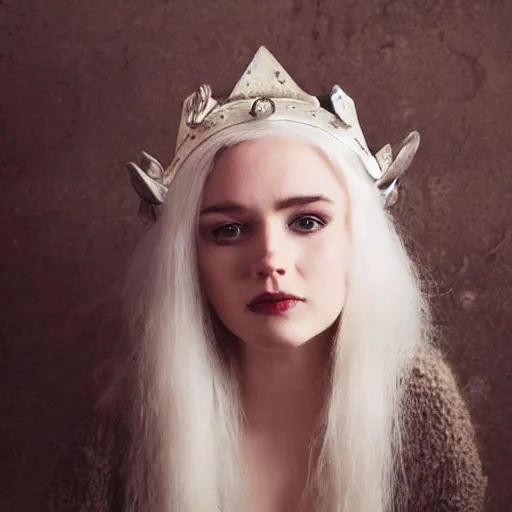 Image similar to a pale girl with white hair wears a crown of an animal skull, cinematic lighting, ultra detailed, masterpiece