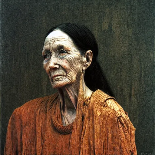 Prompt: portrait of 350 years old girl, painting by Beksinski
