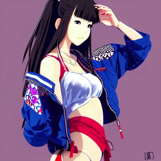 Image similar to a beautiful japanese lalisa alluring gravure model, wearing oversized designer bomber jacket and leotard, bulky poofy bomber jacket with mesoamerican patterns, mesoamerican native street fashion, gapmoe yandere grimdark, trending on pixiv fanbox, painted by greg rutkowski makoto shinkai takashi takeuchi studio ghibli, akihiko yoshida