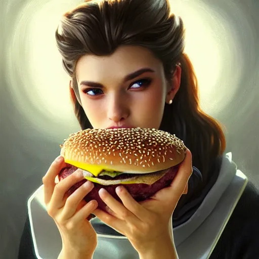 Image similar to portrait of batboy eating hamburgers, extra onions and ketchup, luscious patty with sesame seeds, feminine ethereal, handsome, d & d, fantasy, intricate, elegant, highly detailed, digital painting, artstation, concept art, matte, sharp focus, illustration, art by artgerm and greg rutkowski and alphonse mucha