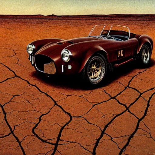 Prompt: closeup of rusty shelby cobra, vine covered, desert, cracked dry lake bed, by Zdzislaw Beksinski, Norman Rockwell, al duke, da vinci, highly detailed, soft lighting, film grain, 8k resolution, hd, oil on canvas