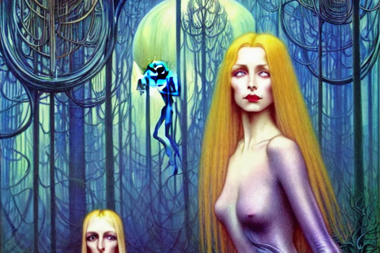 Image similar to realistic detailed portrait painting of a beautiful ghost woman with blond hair with an alien, futuristic sci-fi forest on background by Jean Delville, Amano, Yves Tanguy, Alphonse Mucha, Edward Robert Hughes, Roger Dean, rich moody colours, blue eyes