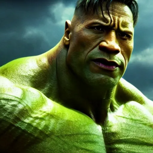 Image similar to dwayne johnson as incredible hulk, marvel cinematic universe, mcu, 4 k, raw, green skin, in - frame,