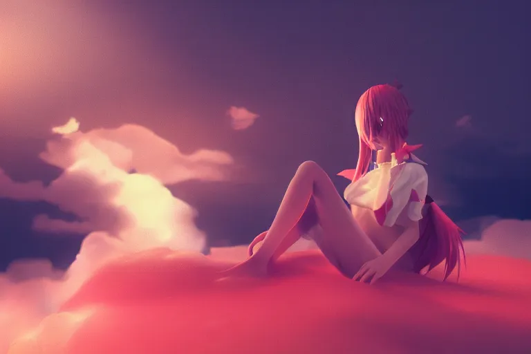 Prompt: a cute anime girl sitting on a cloud relaxing, red lighting, mist, blender render,