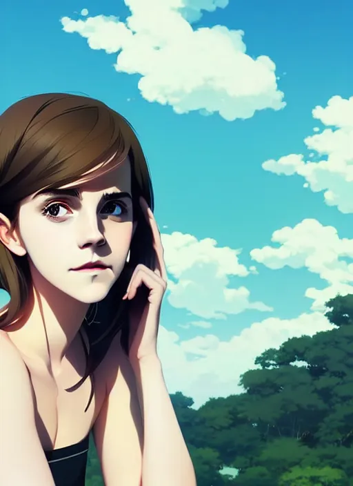 Image similar to portrait of a emma watson by ilya kuvshinov, cloudy sky background lush landscape illustration concept art anime key visual trending pixiv fanbox by wlop and greg rutkowski and makoto shinkai and studio ghibli