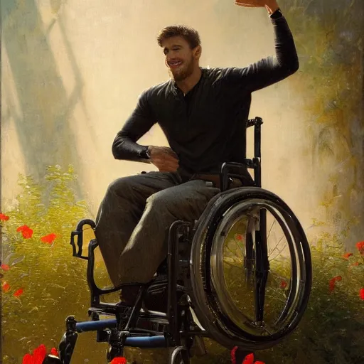 Image similar to handsome portrait of a wheelchair guy fitness posing, radiant light, caustics, war hero, one legged amputee, surrounded by hibiscus, by gaston bussiere, bayard wu, greg rutkowski, giger, maxim verehin