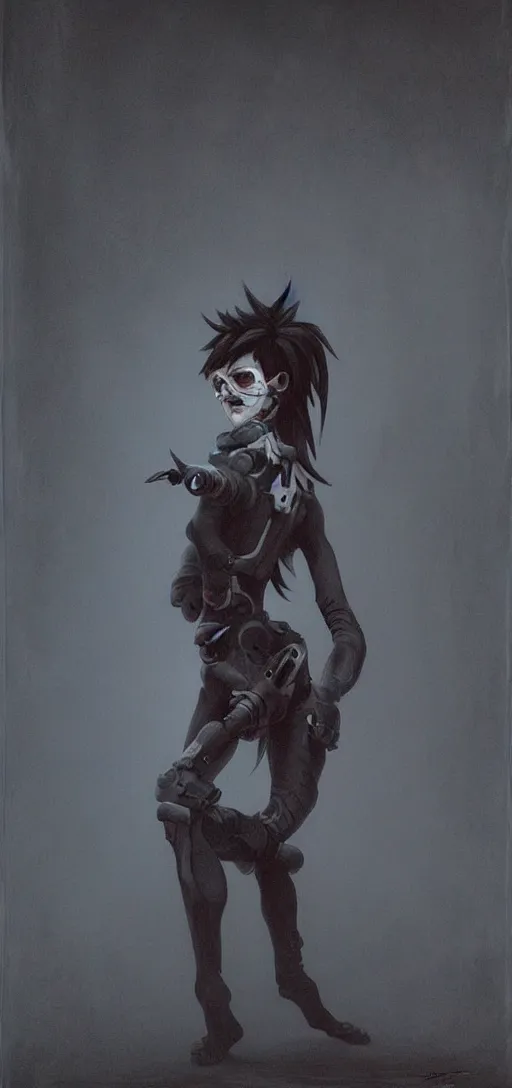 Image similar to dark portrait painting of tracer from overwatch, in style of zdzisław beksinski, scary, horror, overwatch tracer character, dressed in dark garment, tall,