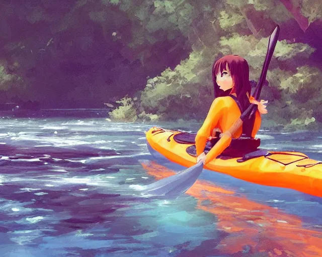 Prompt: a girl in a kayak in a river. blue water, atmospheric lighting. by makoto shinkai, stanley artgerm lau, wlop, rossdraws, james jean, andrei riabovitchev, marc simonetti, krenz cushart, sakimichan, d & d trending on artstation, digital art.