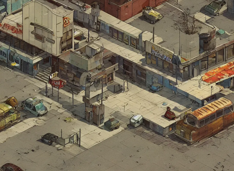 Image similar to Screenshot of the outside of an abandoned rusty McDonald restaurant in Fallout 2 (1998), isometric perspective, postapocalyptic, bird's eye view, prerendered isometric graphics, high quality