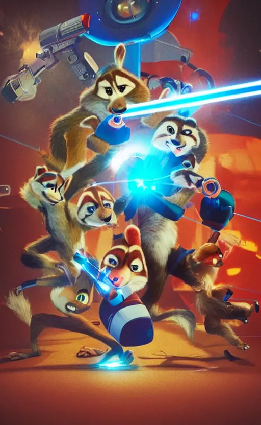 Prompt: “red racoon holding laser gun standing face to face off with blue racoon holding laser gun, boxing style face off, cinematic, dramatic in the style of zootopia”