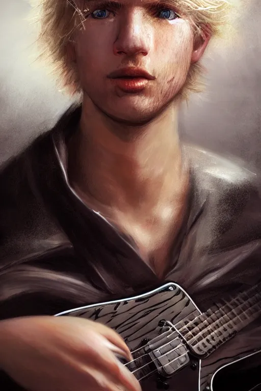 Image similar to blonde wild hair boy playing fender stratocaster, black eye - patch, close - up portrait, plain white tshirt, powerfull, intricate, elegant, volumetric lighting, scenery, digital painting, highly detailed, artstation, sharp focus, illustration, concept art, steve mccurry