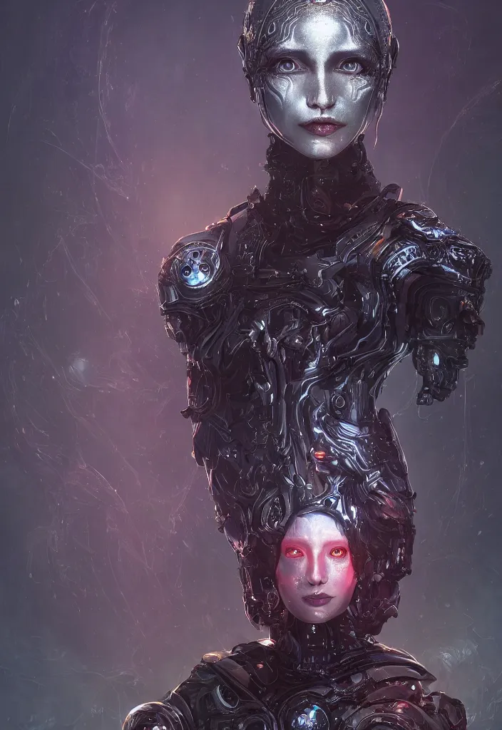 Prompt: a fancy portrait of a female android necromancer, aura of light, friendly, bloodborne style, artificial intelligence, scifi, futuristic, highly detailed, trending on artstation, advanced technology, art by vitaly bulgarov and nivanh chanthara and lance wilkinson