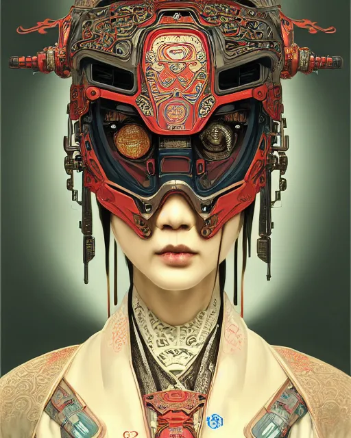 Image similar to portrait of a cyberpunk machine, machine face, upper half portrait, decorated with chinese opera motifs, asian, fine china, wuxia, traditional chinese art, intricate, elegant, highly detailed, symmetry, headpiece, digital painting, artstation concept art smooth sharp focus, illustration, art by artgerm and greg rutkowski alphonse mucha 8 k