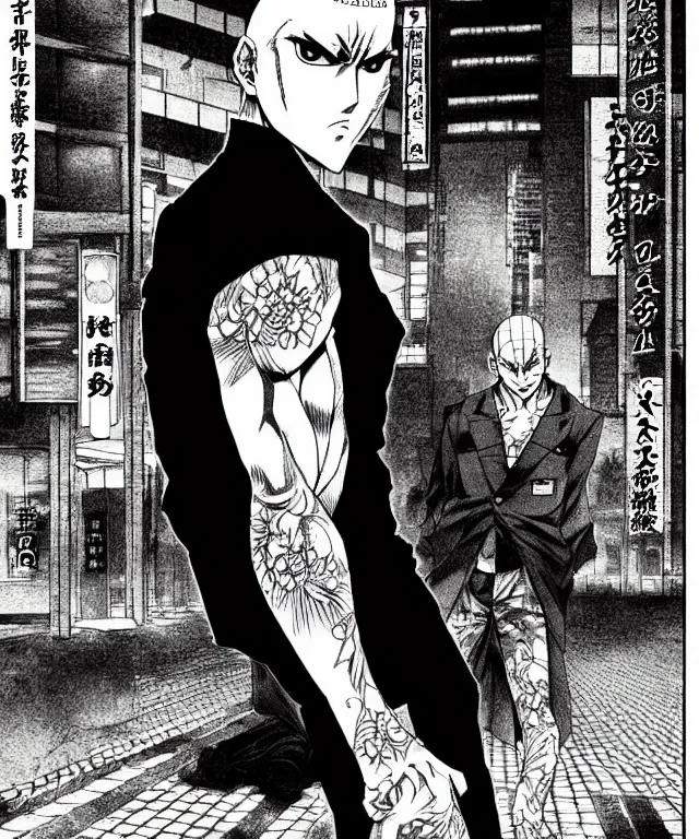 Image similar to A manga cover about a shaved-headed scarred solo yakuza standing on the sidewalk. Sharp high quality manga cover, fine details, straight lines, architecture in the background, masterpiece, art, highly detailed drawing by Hirohiko Araki, Akatsuki Akira, Kentaro Miura