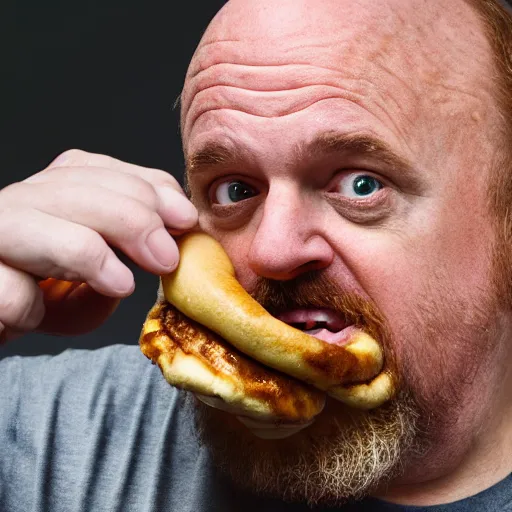 Image similar to louis c k eating a cinnamon roll, extreme close - up, xf iq 4, f / 1. 4, iso 2 0 0, 1 / 1 6 0 s, 8 k, raw, unedited, symmetrical balance, in - frame, sharpened