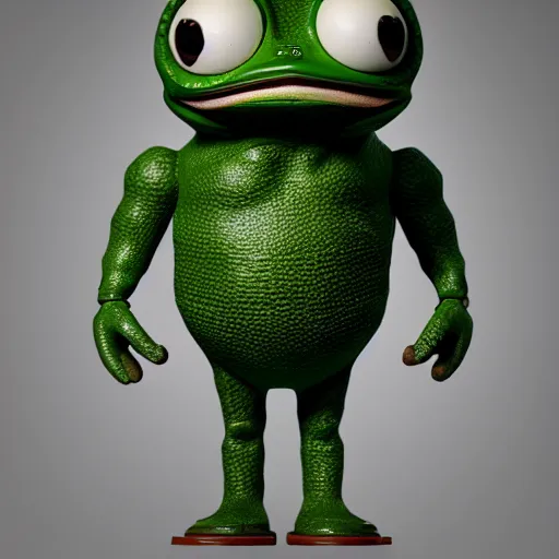 Image similar to perfectly accurate miniature figure of pepe the frog wearing jeans and a black leather jacket, soft textures, skin texture, clothing, 3d sculpture, textured, fine detail, lifelike, photo, high resolution, octane render, post processing, after effects, trending on artstation