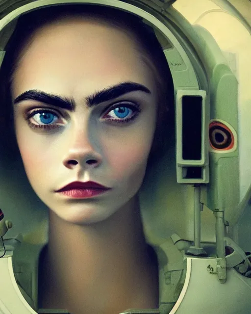 Prompt: closeup face profile portrait of cara delevingne as a soviet chernobyl space toy, bikini, depth of field, zeiss lens, detailed and intricate environment, fashion photoshoot by nicoletta ceccoli, mark ryden, lostfish, breathtaking, 8 k resolution, artistic, hyperrealistic, octane render
