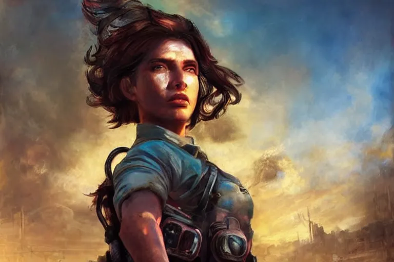 Prompt: fallout 5, charismatic beautiful rugged brunette female protagonist, portrait, outdoors tropical cityscape, atmospheric lighting, painted, intricate, volumetric lighting, beautiful, daytime, sunny weather, few clouds, sharp focus, deep colours, ultra detailed, art by william turner