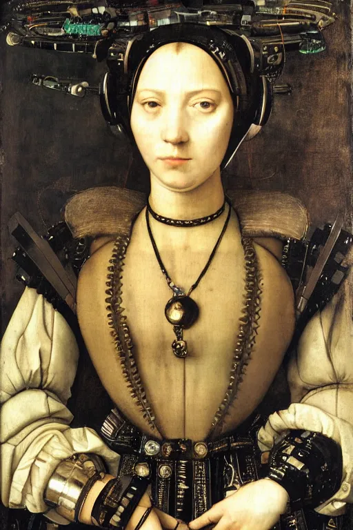 Image similar to a close - up portrait of a cyberpunk cyborg girl, by hans holbein the younger, rule of thirds