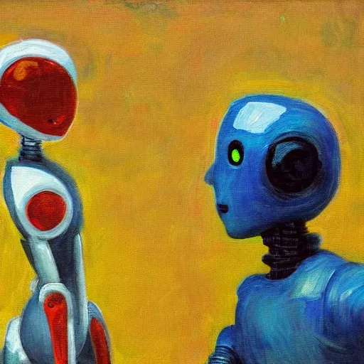 Prompt: two robots discussing humans, impressionist painting