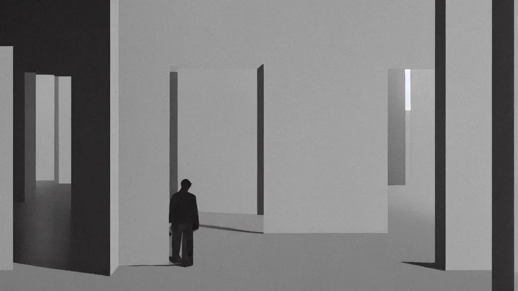 Image similar to minimalist industrial interior hallway with monolithic pillars in the style of ridley scott and stanley kubrick, impossible architecture, ultra view angle view, lone person in the distance, realistic detailed painting by edward hopper