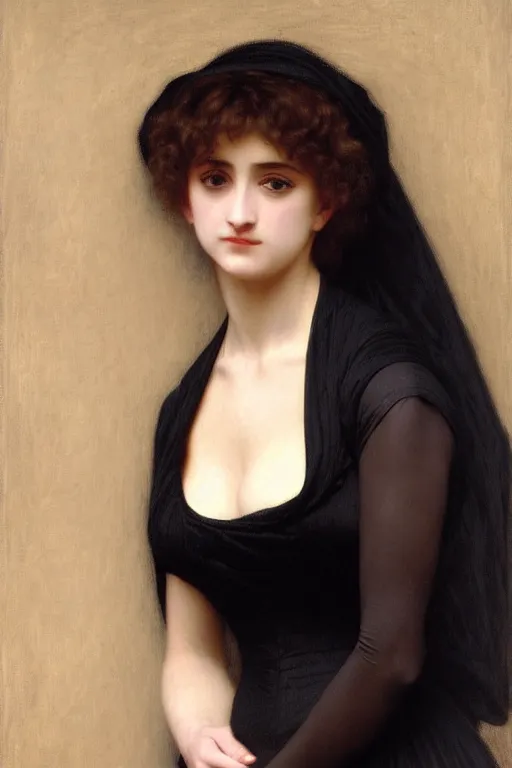 Prompt: lady in black dress, painting by rossetti bouguereau, detailed art, artstation