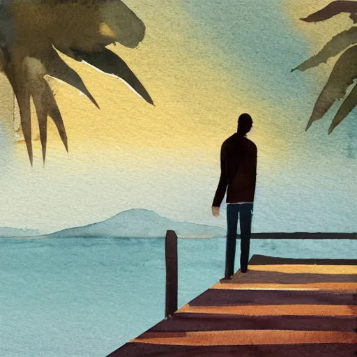 Prompt: digital illustration painting design style man standing on the pier against flyflies and big trees, watercolor ink painting, trending on artstation