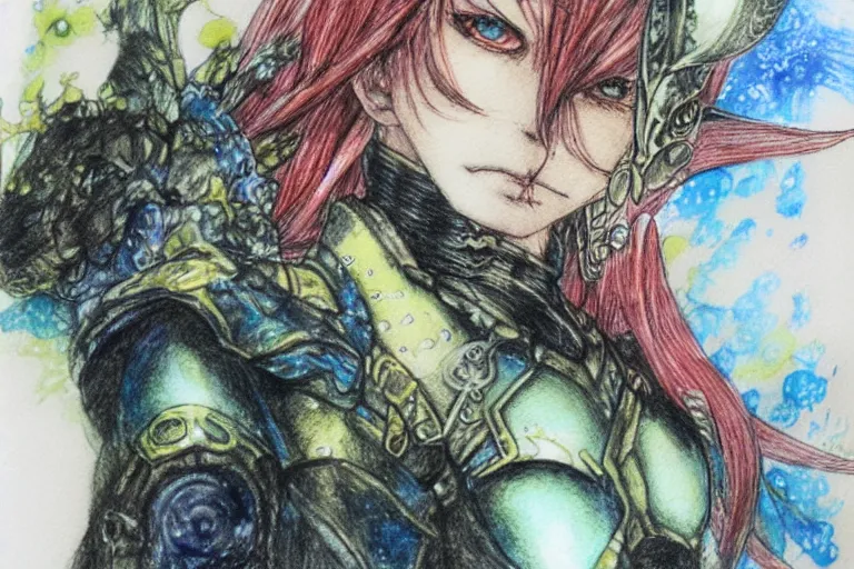 Prompt: Portrait of a fantasy hero by Yoshitaka Amano, crayons and watercolor sketch