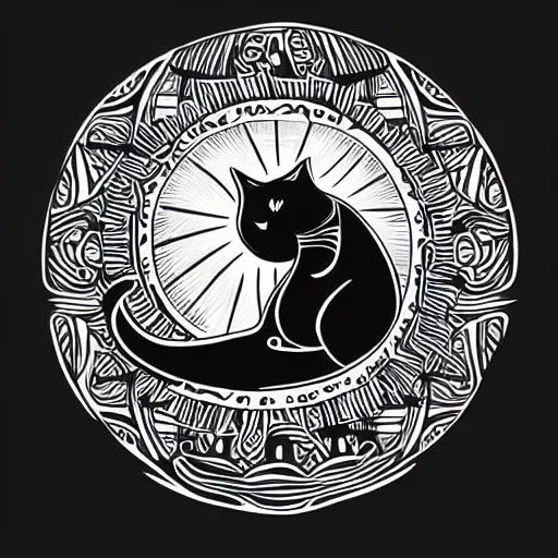 Image similar to tattoo sketch of a cat hugging the sun, on a canva, polynesian style, ornamental, line art, vector,