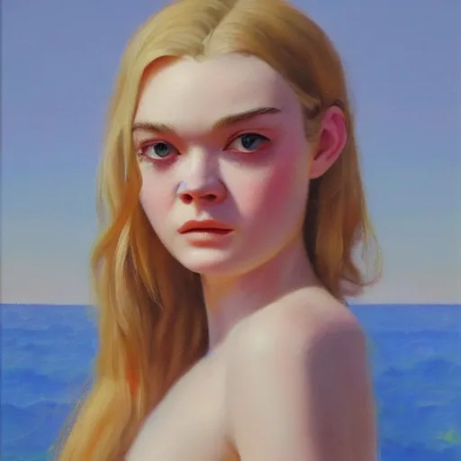 Image similar to ultra realistic medium shot portrait painting of elle fanning in prey, beach, art by frank frazetta, 4 k, ultra realistic, highly detailed, epic lighting