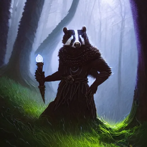 Prompt: Badger nature mage, portrait, forest, magic, magic the gathering artwork, D&D, fantasy, cinematic lighting, centered, symmetrical, highly detailed, digital painting, artstation, concept art, smooth, sharp focus, illustration, volumetric lighting, epic Composition, 8k, art by Akihiko Yoshida and Greg Rutkowski and Craig Mullins, oil painting, cgsociety