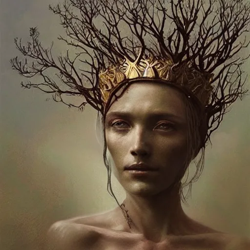 Prompt: priestess wearing a crown of twisting branches, by beksinski and artem demura and krenz cushart and albert aublet