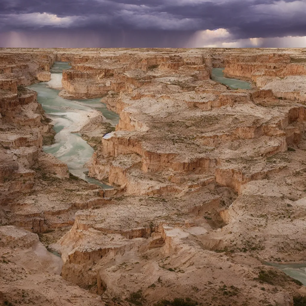 Image similar to photo of green river, wyoming cliffs during thunderstorm. the foreground and river are brightly lit by sun, and the background clouds are dark and foreboding. kodak portra 4 0 0,