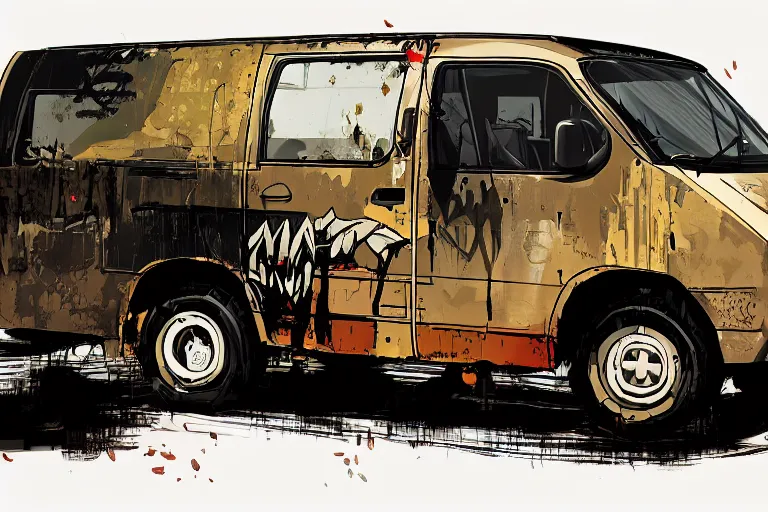 Prompt: digital illustration of mad max's hiace van by makoto shinkai, ilya kuvshinov, lois van baarle, rossdraws, basquiat