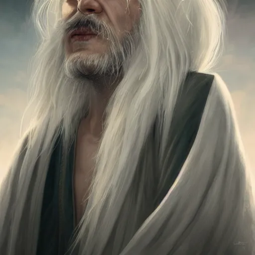 Image similar to white haired robe fu xi full male front body portrait, sit upright on the ground, very long white beard and hair, long hair shawl, fine kindness delicate prefect face features gaze, piercing eye, elegant, style of tom bagshaw, cedric peyravernay, peter mohrbacher, victo nga, 4 k hd illustrative wallpaper, animation style, chinese style
