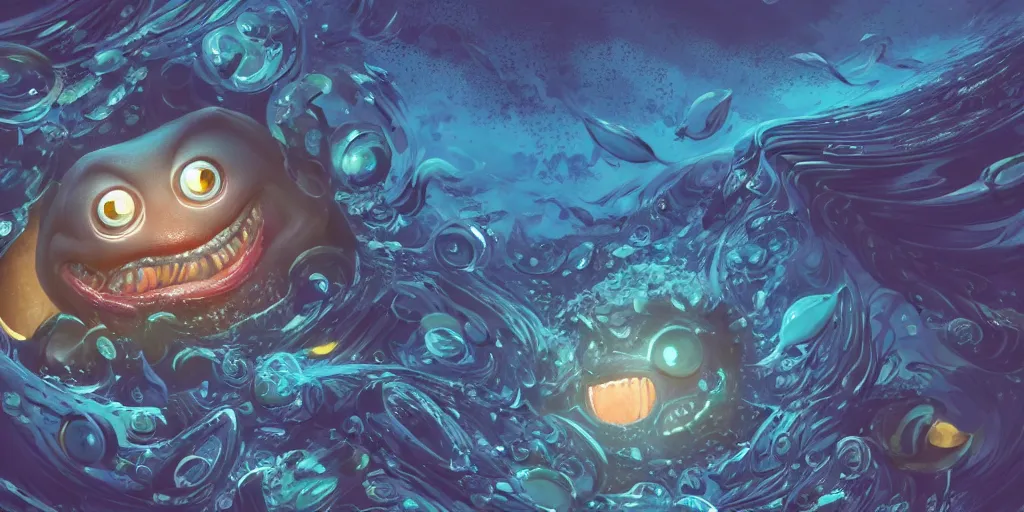 Image similar to of an intricate deep sea with strange cute friendly happy creatures with huge eyes, long tongue, round teeth and goofy funny face, appearing from the background, in the style of gehry and gaudi, macro lens, shallow depth of field, ultra detailed, digital painting, trending artstation, concept art, illustration, cinematic lighting, photorealism, epic, octane render