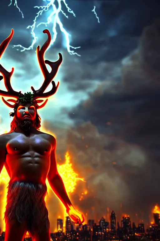 Image similar to Cernunnos standing in front of a city on fire, photo-realistic, 4k, highly detailed, octane render, dramatic lightning, by El Greco,