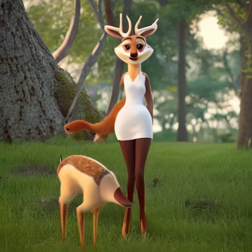 Image similar to portrait, 3 d render, tall slightly fat, anthropomorphic female deer, wearing along white dress, in the style of zootopia,