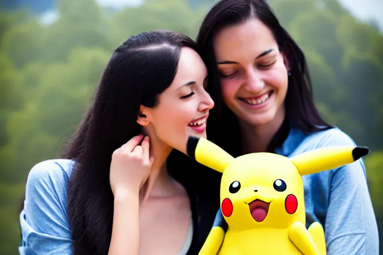 Image similar to a young skinny woman with long dark hair hugging a pikachu