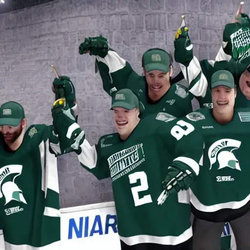 Image similar to Michigan state ice hockey wins national championship in NHL 22 video game, rendered in unreal engine 5