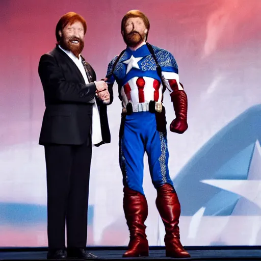 Image similar to uhd hyperdetailed candid photo of cosmic chuck norris dressed as captain america, wearing extremely intricate costume. elon musk presenting an award. photo by annie leibovitz