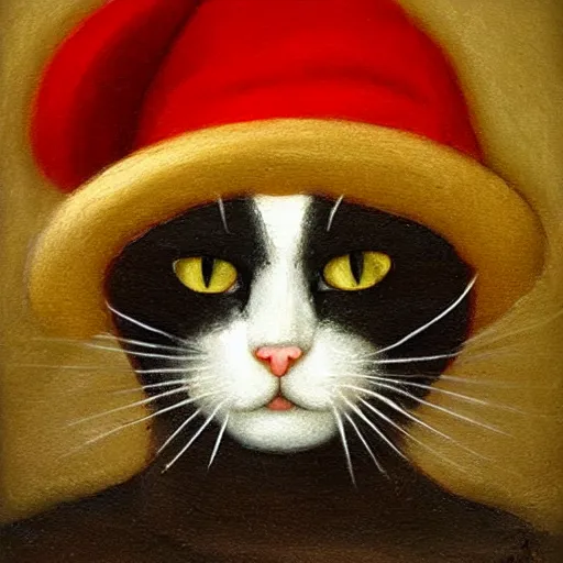 Prompt: the cat in small red hat cooks soup, drawn by Leonardo Da Vinci, oil painting, trending in Artstation, artstationHD, 4k