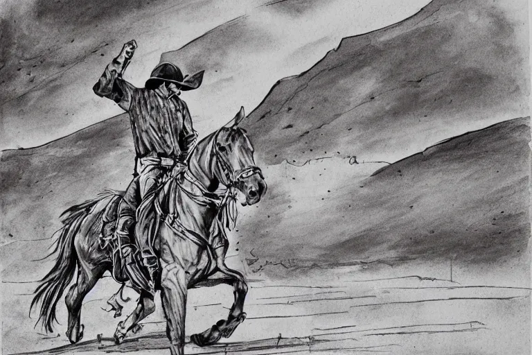 Image similar to Cowboy on a horse at a full gallop in the SW desert, beautiful line art, ink illustration, sketch, pure b&w