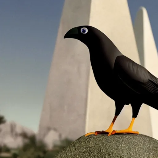 Image similar to a giant crow with a round body short legs and large black beak sitting in a black stone obelisk, photorealistic computer animation, film by Jon Favreau
