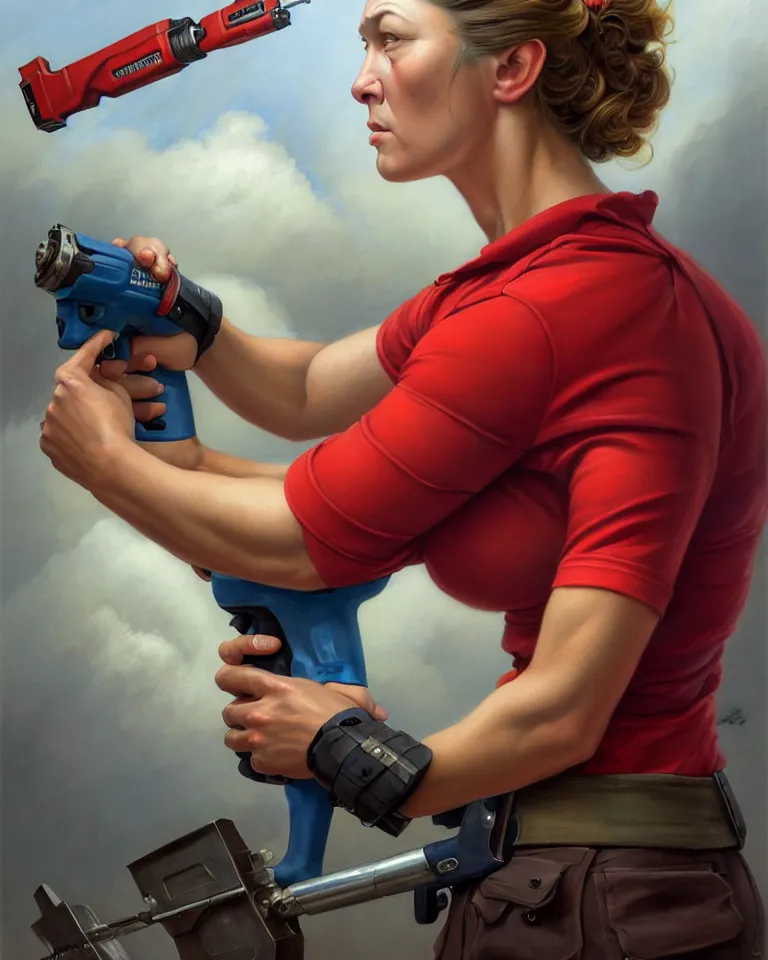 Prompt: epic portrait a slightly muscular woman wearing short sleeved uniform and carrying a red power tool drill, detailed, centered, digital painting, artstation, concept art, donato giancola, Joseph Christian Leyendecker, WLOP, Boris Vallejo, Breathtaking, 8k resolution, extremely detailed, beautiful, establishing shot, artistic, hyperrealistic, beautiful face, octane render