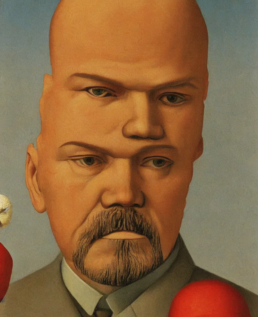 Image similar to A detailed portrait of Vladimir Lenin with a mushroom for a head. Painted by Grant Wood