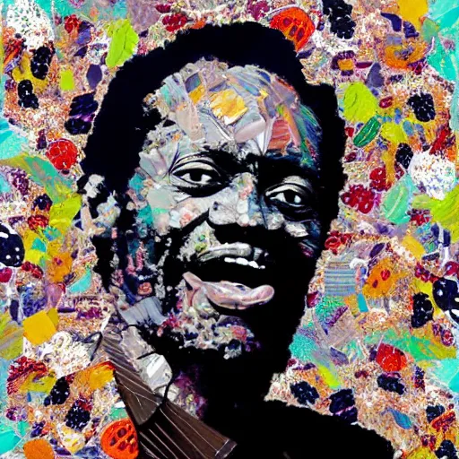 Prompt: a portrait of of chuck berry constructed from berries, collage, drop shadow, organic, layered composition, layers, texture, mcu, highly textured, layered, sculpted, dynamic,