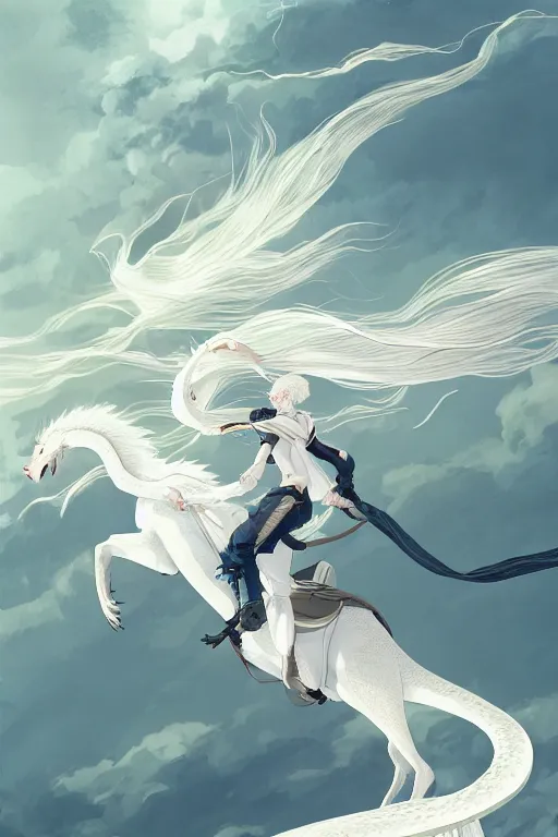 Image similar to vanishing point, white hair eva riding on the white dragon's neck ready to fight, by victo ngai and makoto shinkai, partner, global illumination, radiant light, minimalist, unreal engine 5, concept art ，, digital painting, artstation, smooth, sharp foccus, artstation hq