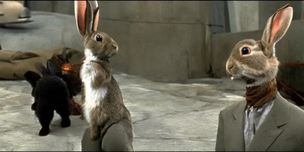 Prompt: a rabbit in the movie goldeneye, screenshot