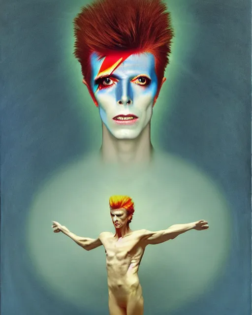 Prompt: david bowie as a ziggy stardust levitating and surrounded by transcendental light by jean auguste dominique ingres by agnes pelton, luminous orbs, labyrinthine, mystical